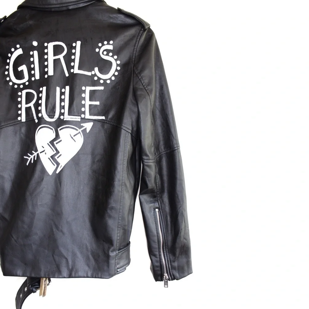 Zara Vegan Leather Edgy Moto Biker Jacket XS Girls Rule Slogan Bloggers Favorite - Picture 13 of 16